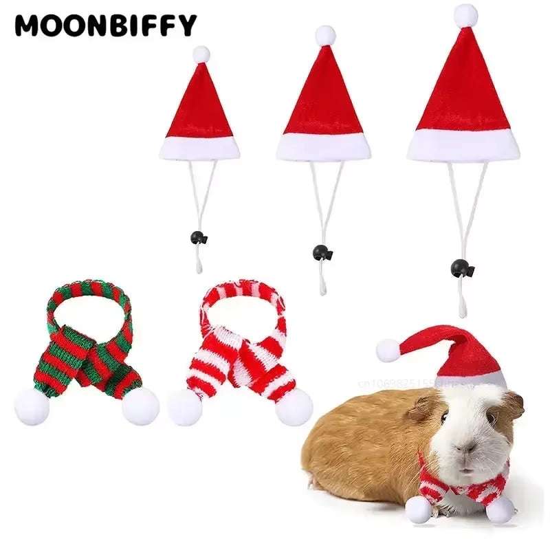 1 Set Hamster Christmas Costume Guinea Pig Mini Small Pet Hat Scarf Headwear Pet Outfits for Chinchilla Rabbit Bunny Accessories