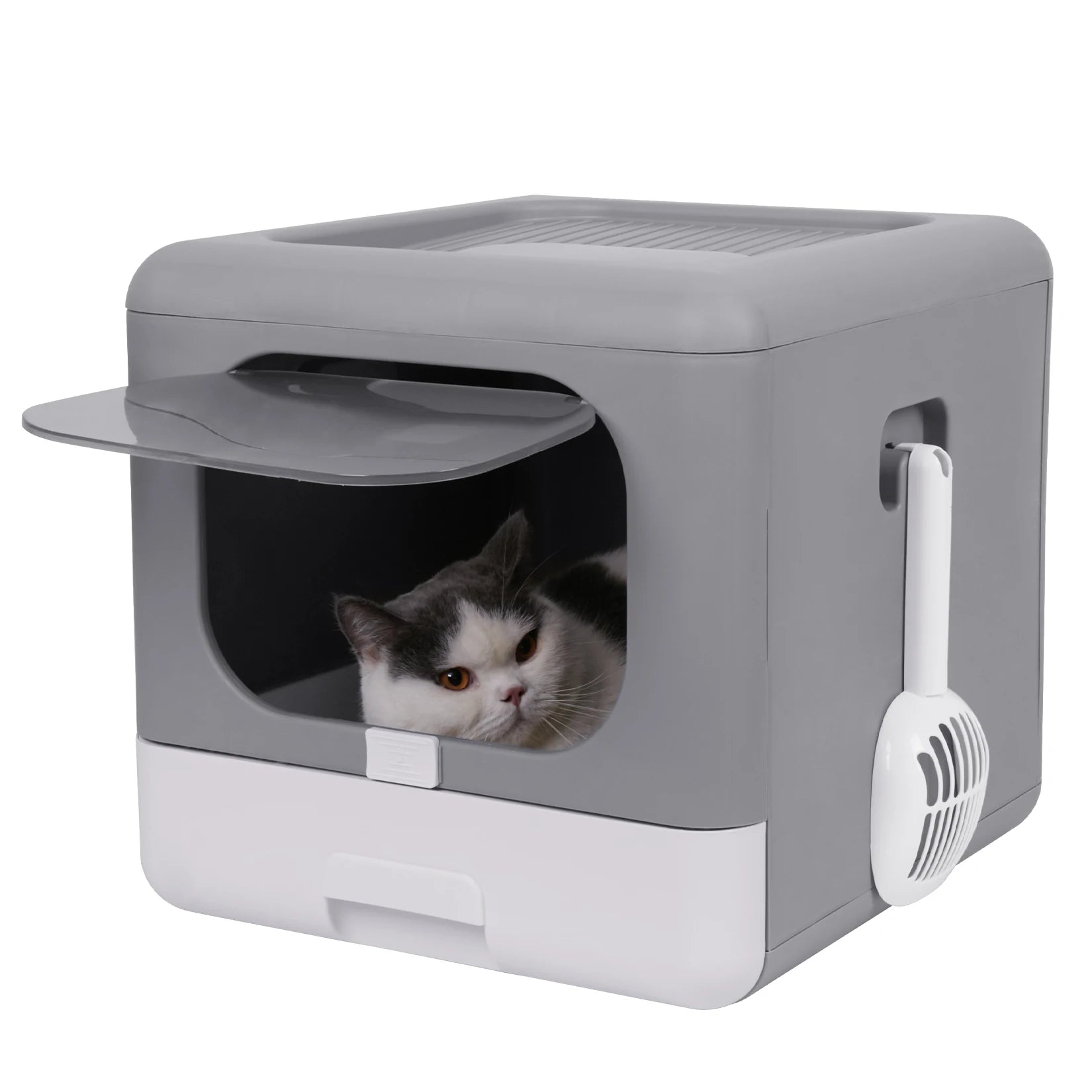 Cat Litter Box Foldable Top Entry Litter Box with Cat Litter Scoop Drawer for Medium and Large Cats