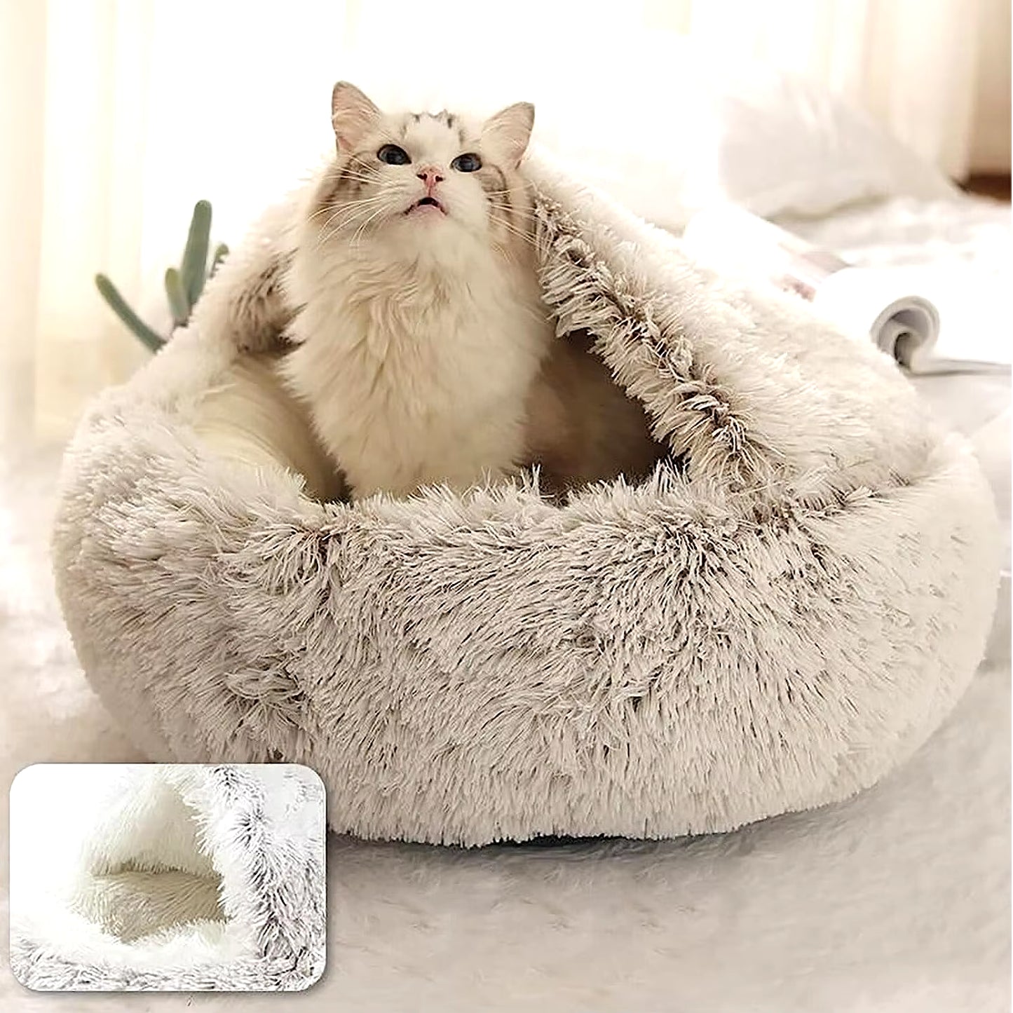 Soft Plush Pet Bed with Cover round Cat Bed Pet Mattress Warm Cat Dog 2 in 1 Sleeping Nest Cave for Small Dogs