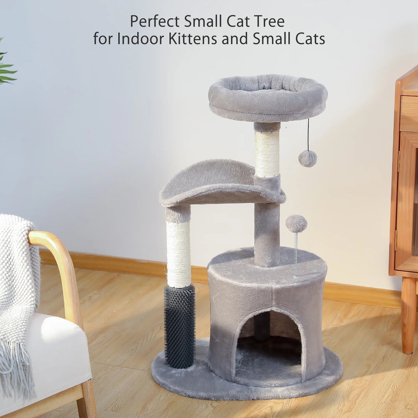 32.7" Cat Tree Small Cat Tower Kitten Scratching Posts Condo with Sefl-Grooming Toy, Gray