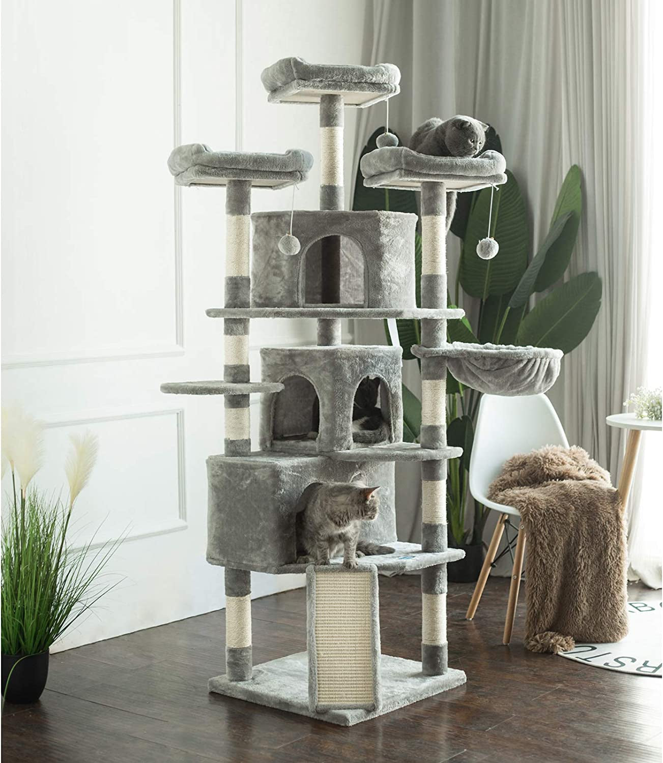 XL Size Cat Tree, Cat Tower with 3 Caves, 3 Cozy Perches, Scratching Posts, Board, Activity Center Stable for Kitten/Gig Cat